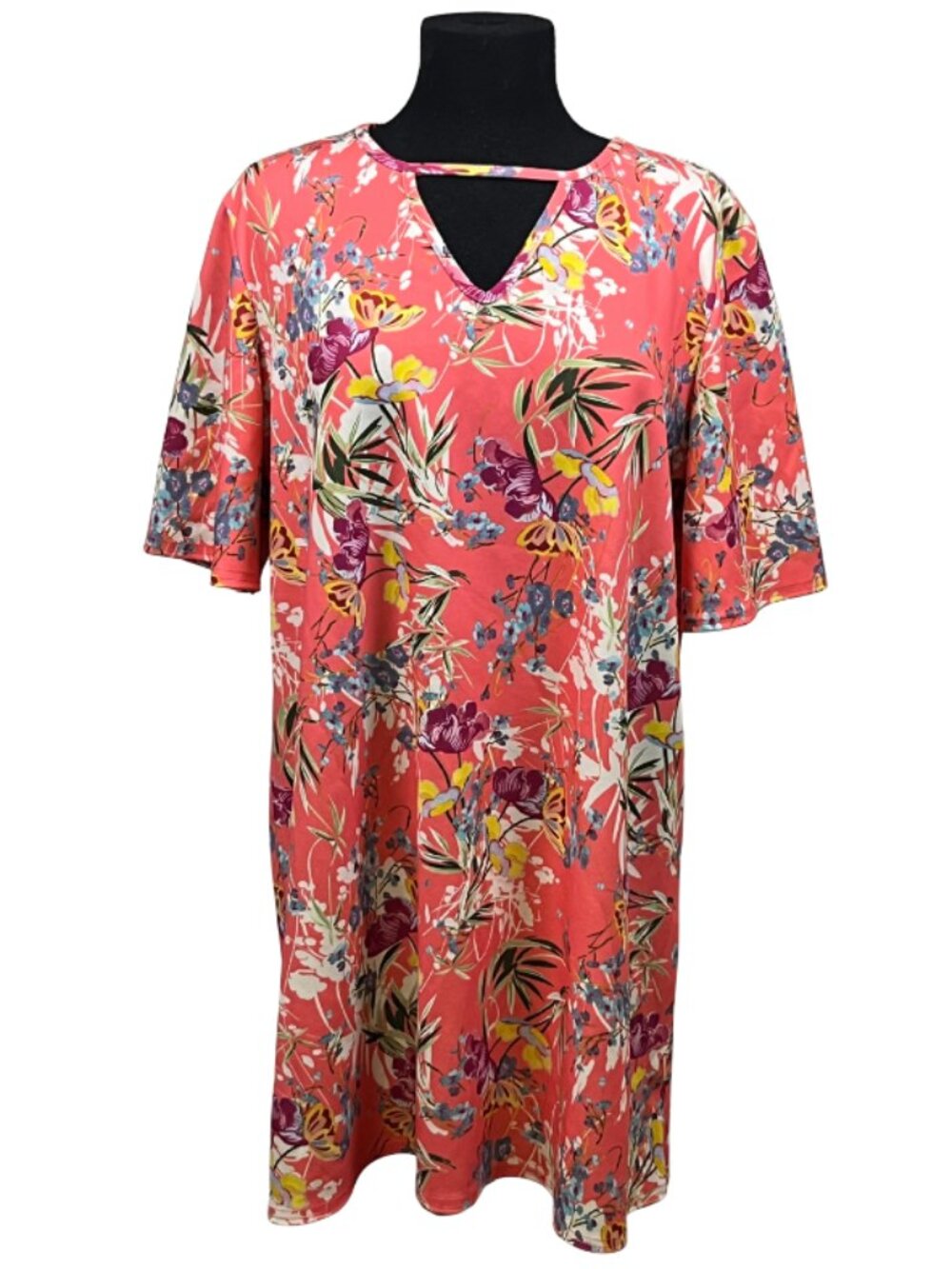 Boohoo Plus Coral Floral Shift Dress Keyhole US 18